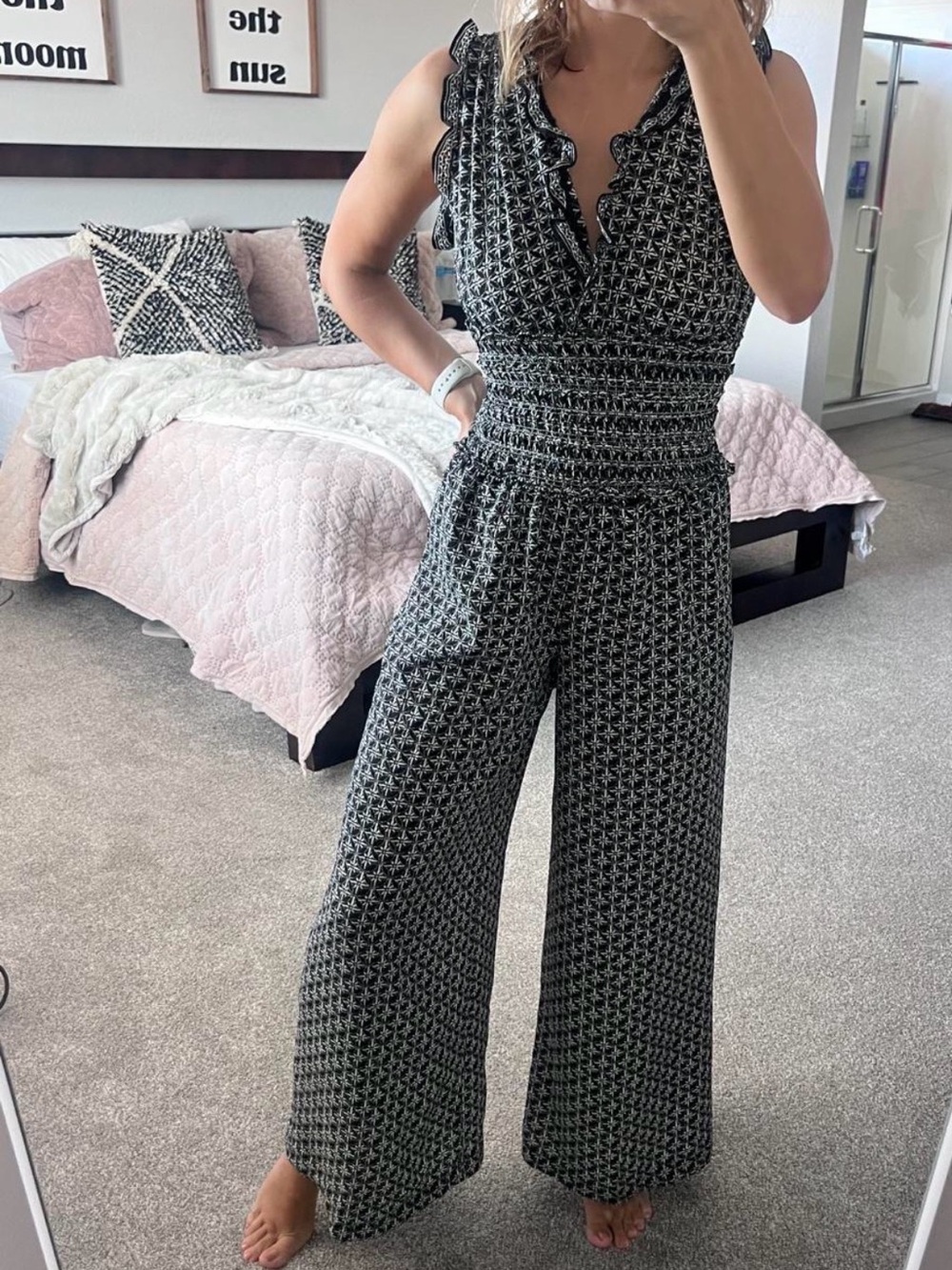 Max Studio Black & White Printed Smocked Jumpsuit S